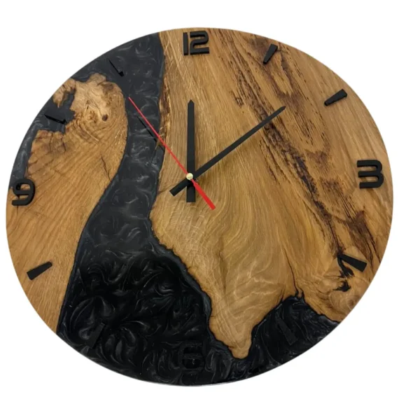 Black Wood and Epoxy Wall Clock with black dial, front view
