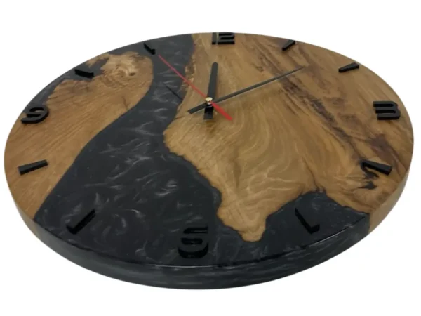 Black Wood and Epoxy Wall Clock with dial, flat angled view