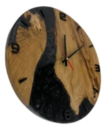 Black Wood and Epoxy Wall Clock with black numbers and red second hand, side view