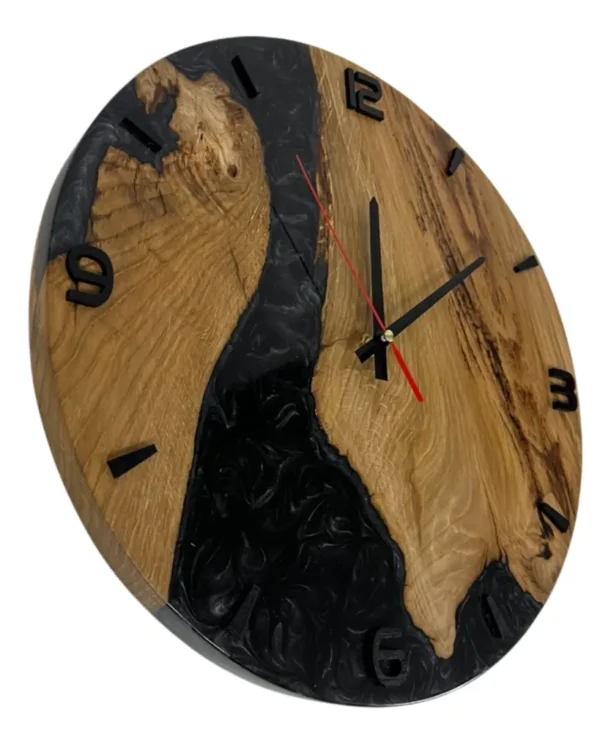 Black Wood and Epoxy Wall Clock with black numbers and red second hand, side view